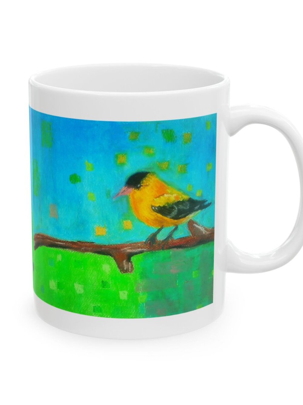 American Goldfinch on Branch Ceramic Mug | Colorful Whimsical Bird Illustration